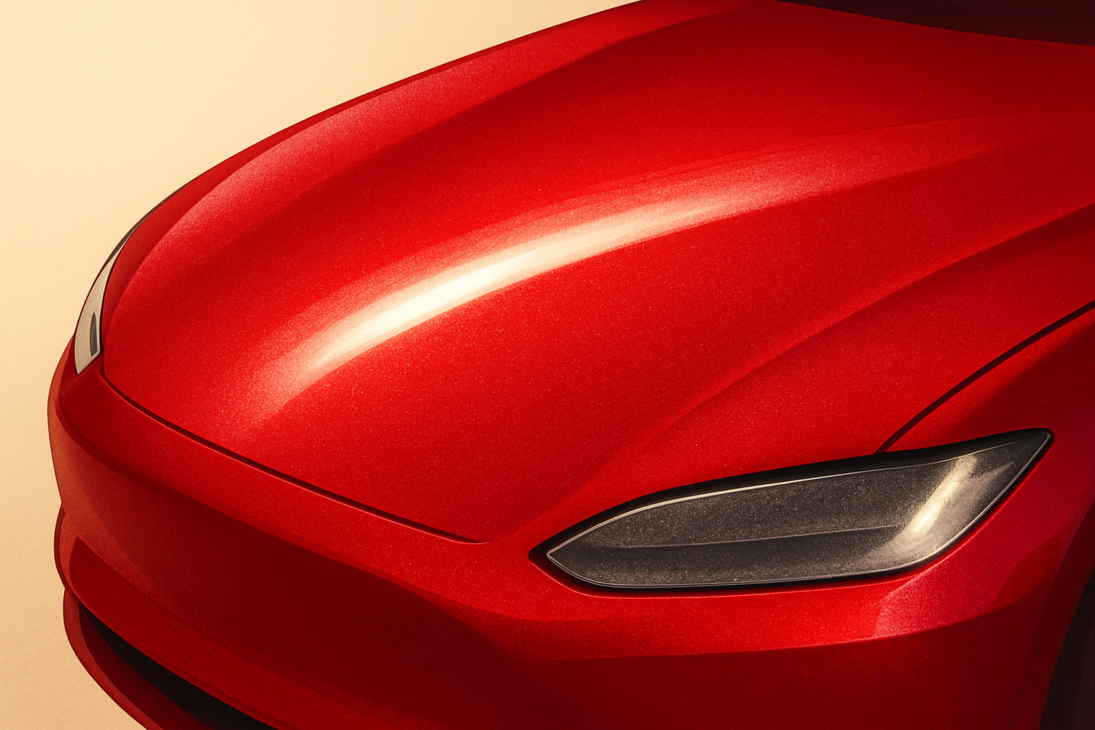 Editorial macro illustration of a car hood finished in deep candy apple red paint with visible metallic silver basecoat shimmer beneath